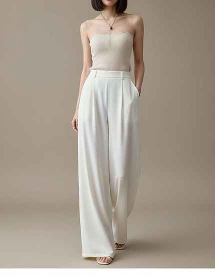 Pantalon Fluide Blanc Ample Taille Haute Satiné Élégant