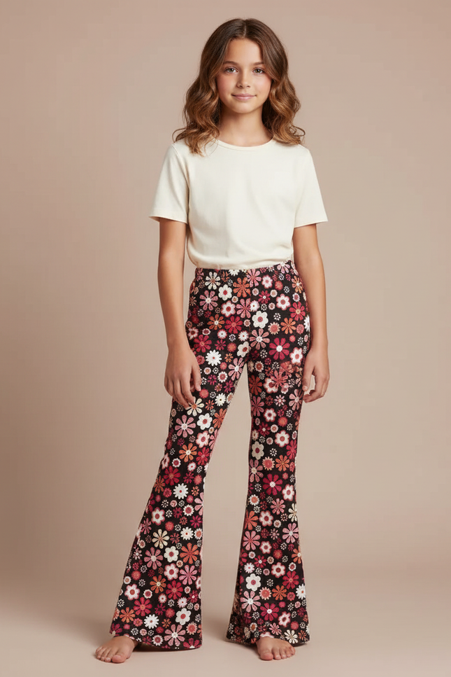 Pantalon Fluide Évasé Floral Noir Confortable Fille - Maille