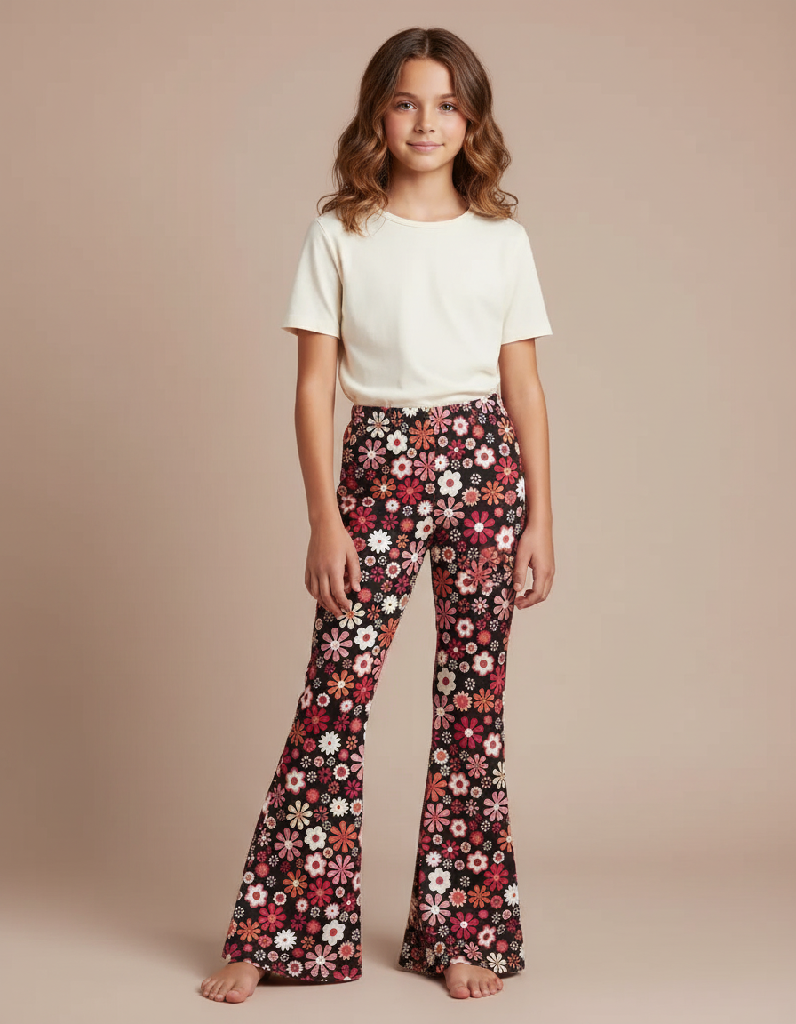 Pantalon Fluide Évasé Floral Noir Confortable Fille - Maille