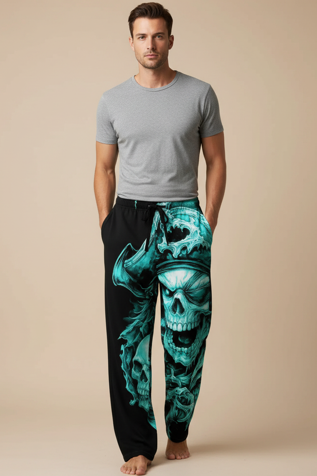 Pantalon Fluide Noir Ample Crâne Pirate Turquoise Homme - Viscose