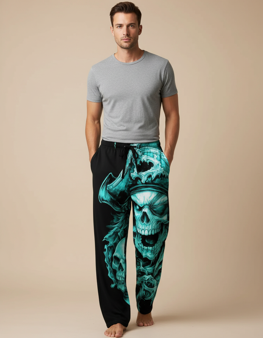 Pantalon Fluide Noir Ample Crâne Pirate Turquoise Homme - Viscose