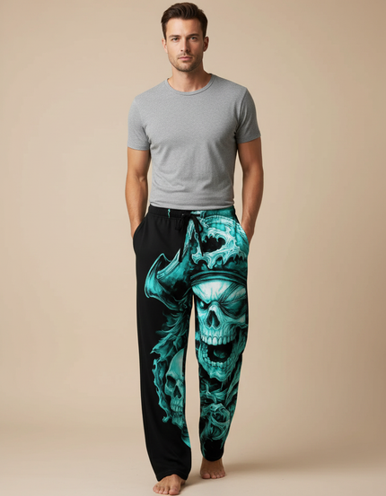 Pantalon Fluide Noir Ample Crâne Pirate Turquoise Homme - Viscose