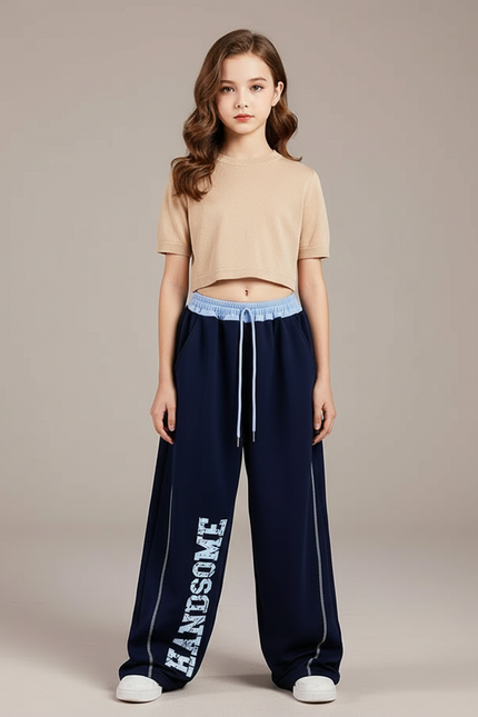 Pantalon Fluide Bleu Marine Ample Lettres Blanches Décontracté - Molleton