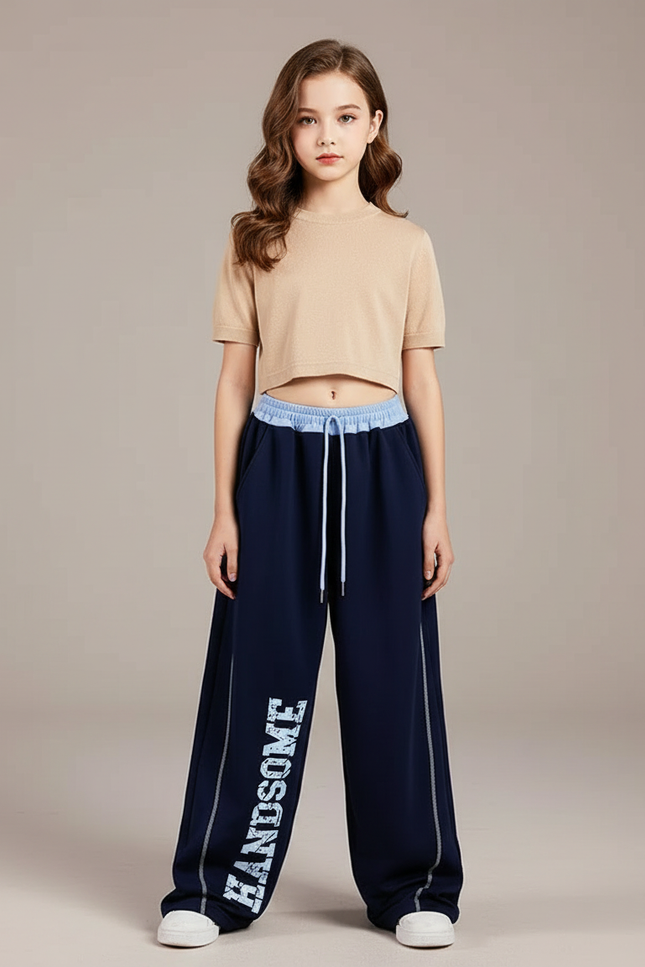 Pantalon Fluide Bleu Marine Ample Lettres Blanches Décontracté - Molleton