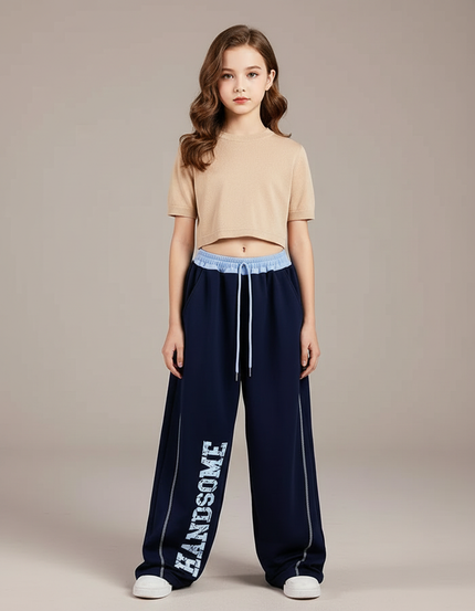 Pantalon Fluide Bleu Marine Ample Lettres Blanches Décontracté - Molleton
