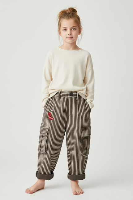 Pantalon Large Fluide En Popeline À Rayures - Kaki Coton