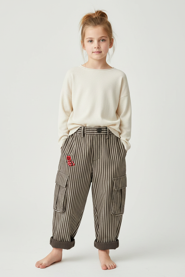 Pantalon Large Fluide En Popeline À Rayures - Kaki Coton