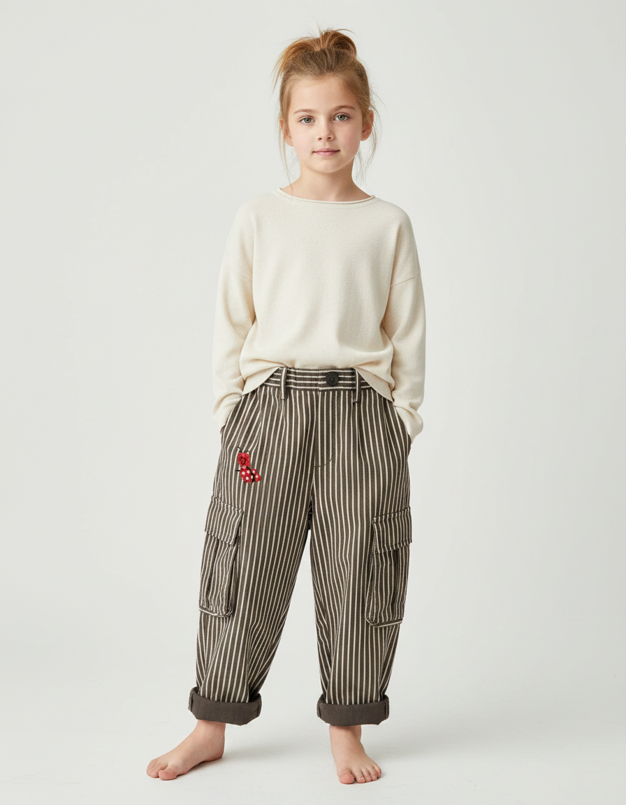 Pantalon Large Fluide En Popeline À Rayures - Kaki Coton
