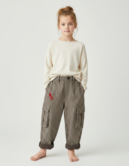 Pantalon Large Fluide En Popeline À Rayures - Kaki Coton