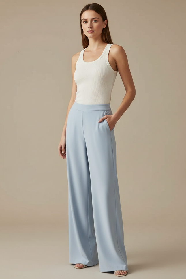 Pantalon Fluide Bleu Ciel Ample Élégant Décontracté Tissu Fluide - Viscose
