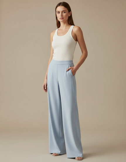 Pantalon Fluide Bleu Ciel Ample Élégant Décontracté Tissu Fluide - Viscose