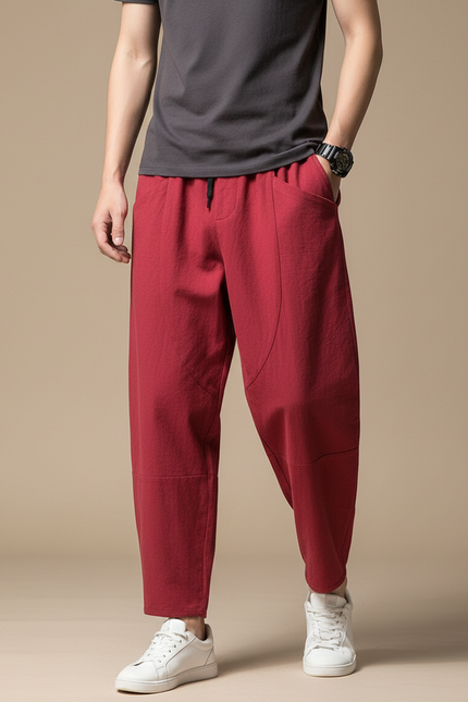Pantalon Fluide Rouge Ample Coton Décontracté Homme