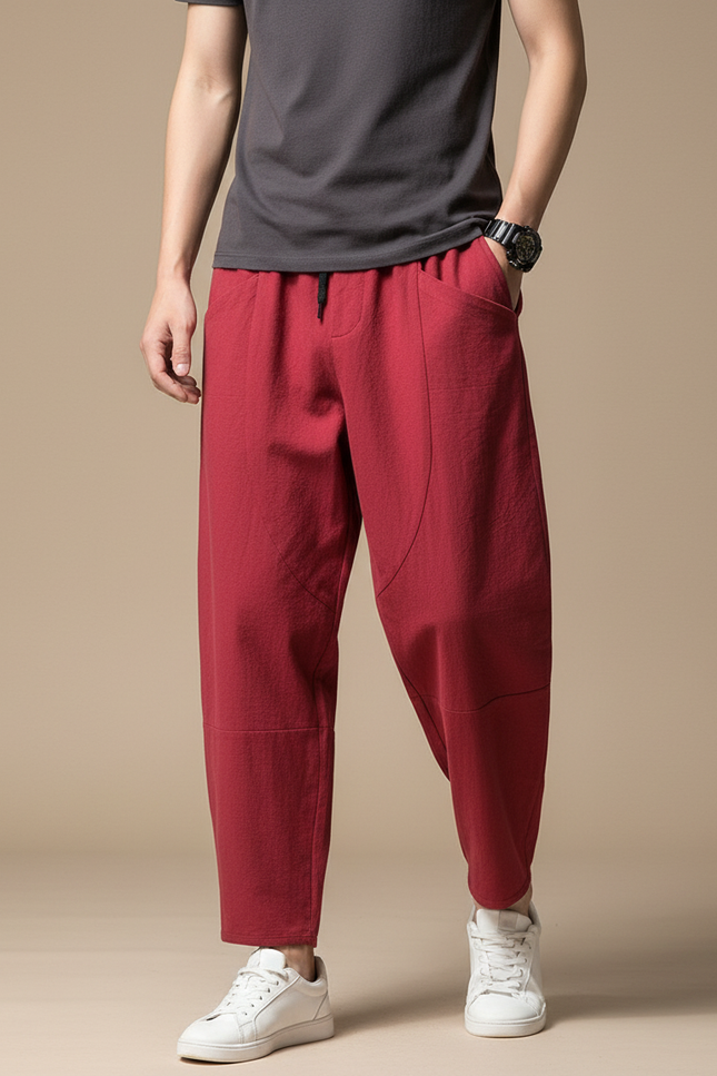 Pantalon Fluide Rouge Ample Coton Décontracté Homme