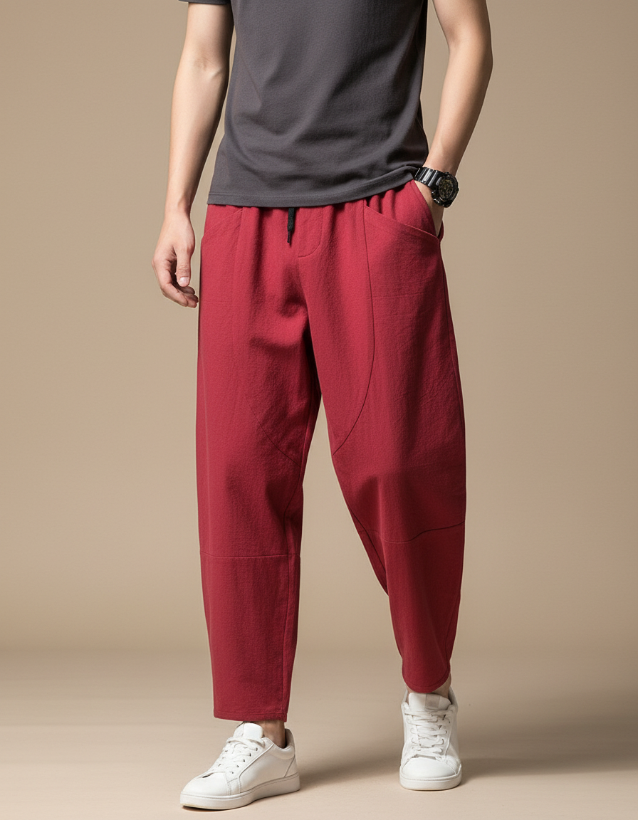 Pantalon Fluide Rouge Ample Coton Décontracté Homme