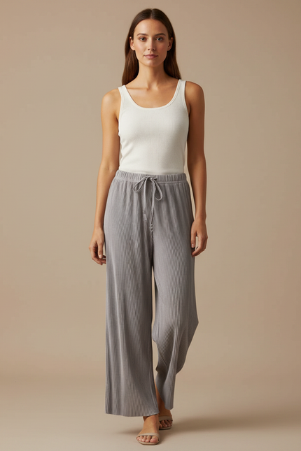 Pantalon Fluide Plissé Gris Ample Décontracté Femme - Polyester