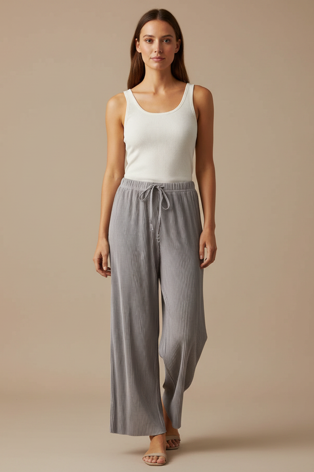 Pantalon Fluide Plissé Gris Ample Décontracté Femme - Polyester