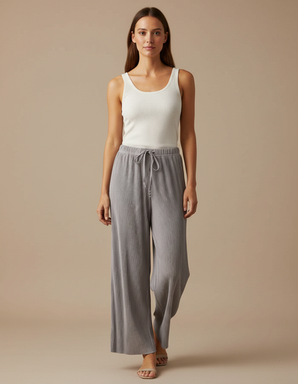 Pantalon Fluide Plissé Gris Ample Décontracté Femme - Polyester