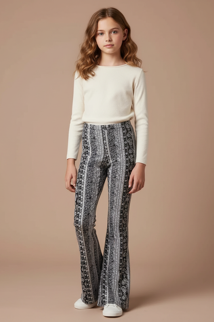 Pantalon Fluide Imprimé Évasé Noir Blanc Confortable - Maille