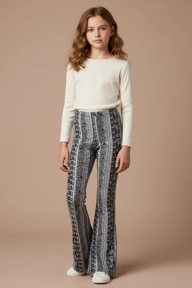 Pantalon Fluide Imprimé Évasé Noir Blanc Confortable - Maille