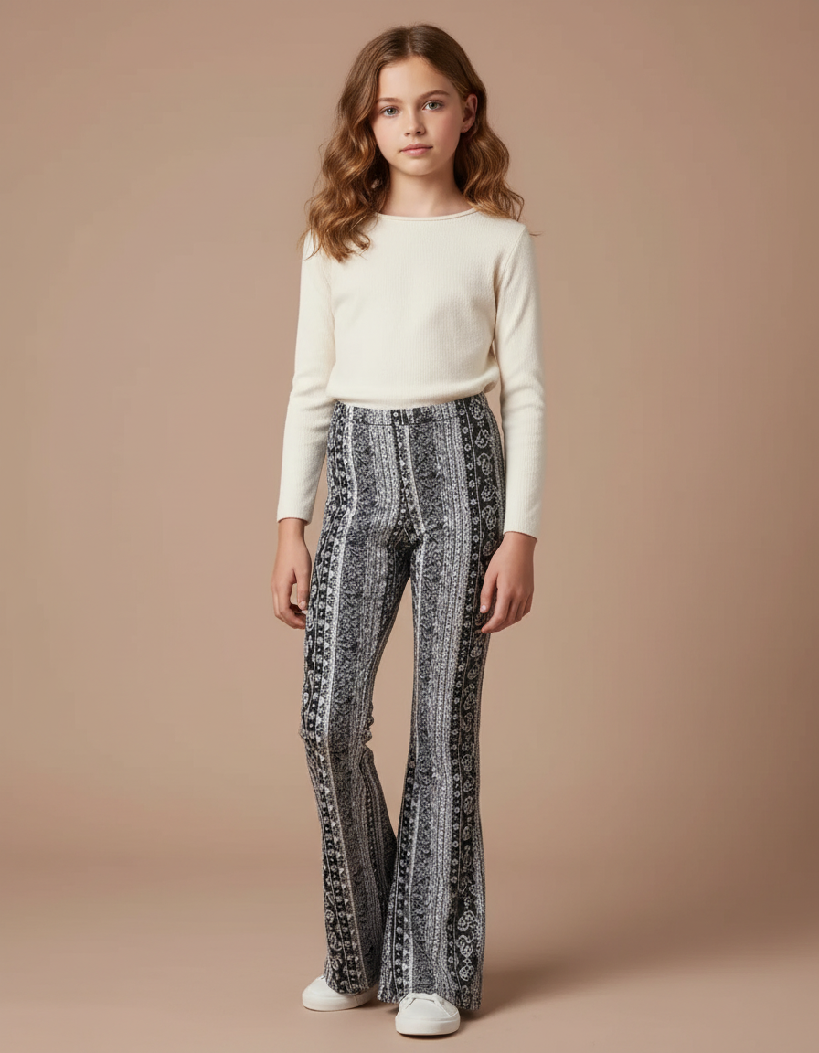 Pantalon Fluide Imprimé Évasé Noir Blanc Confortable - Maille