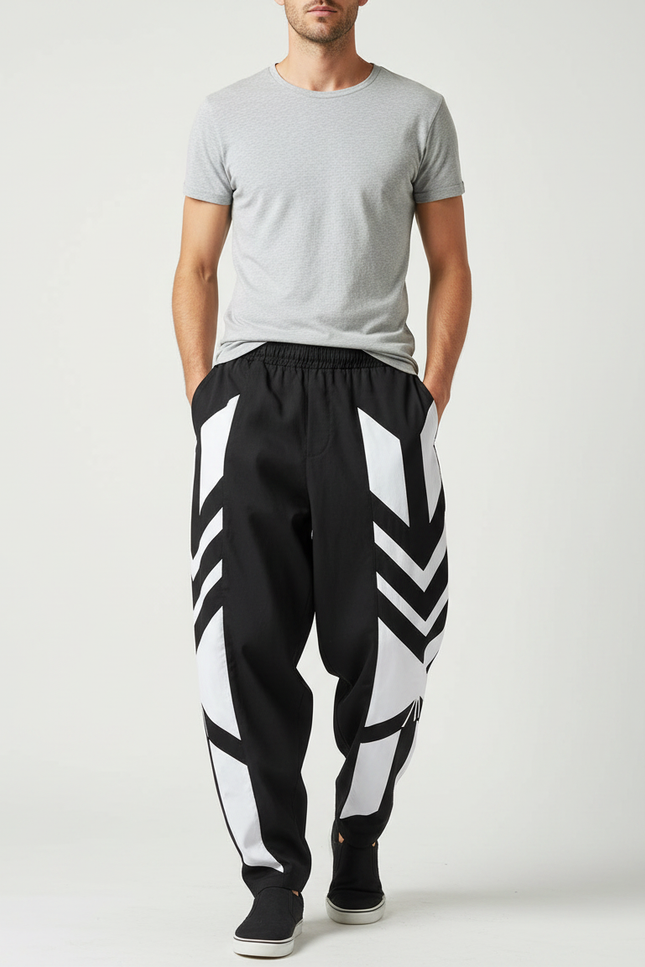 Pantalon Fluide Noir Blanc Géométrique Ample Sport Homme - Multicolore Polyester