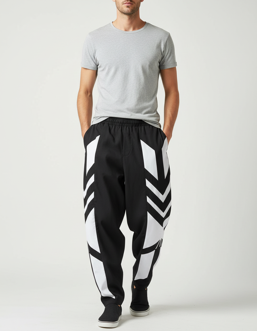 Pantalon Fluide Noir Blanc Géométrique Ample Sport Homme - Multicolore Polyester