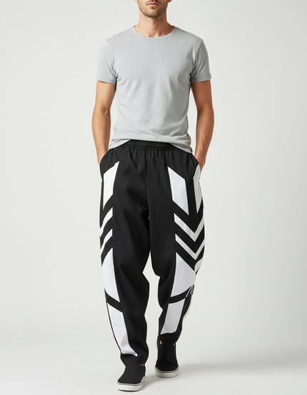 Pantalon Fluide Noir Blanc Géométrique Ample Sport Homme - Multicolore Polyester