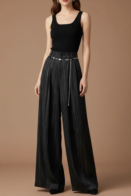 Pantalon Fluide Noir Rayé Large Taille Haute Élégant - Satin