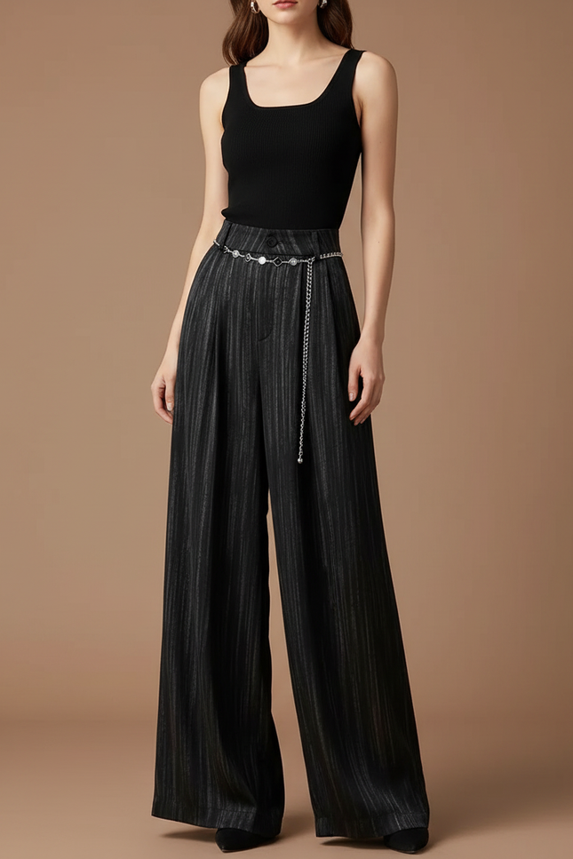 Pantalon Fluide Noir Rayé Large Taille Haute Élégant - Satin