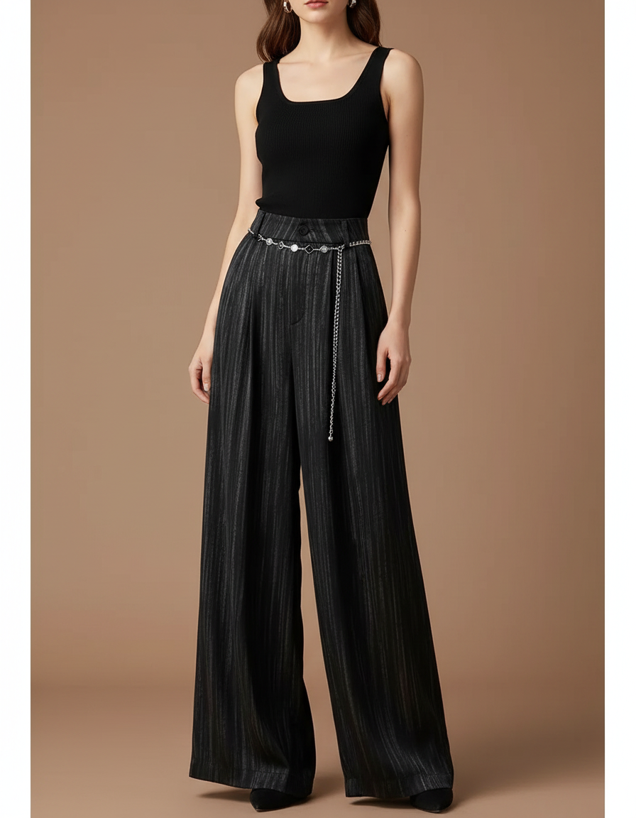 Pantalon Fluide Noir Rayé Large Taille Haute Élégant - Satin