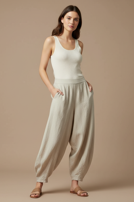 Pantalon Fluide Beige Ample Coton Lin Femme