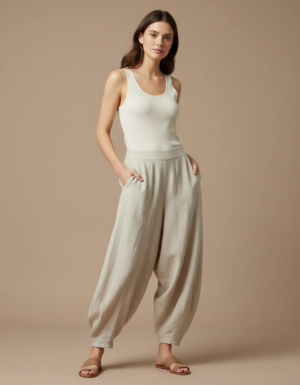 Pantalon Fluide Beige Ample Coton Lin Femme