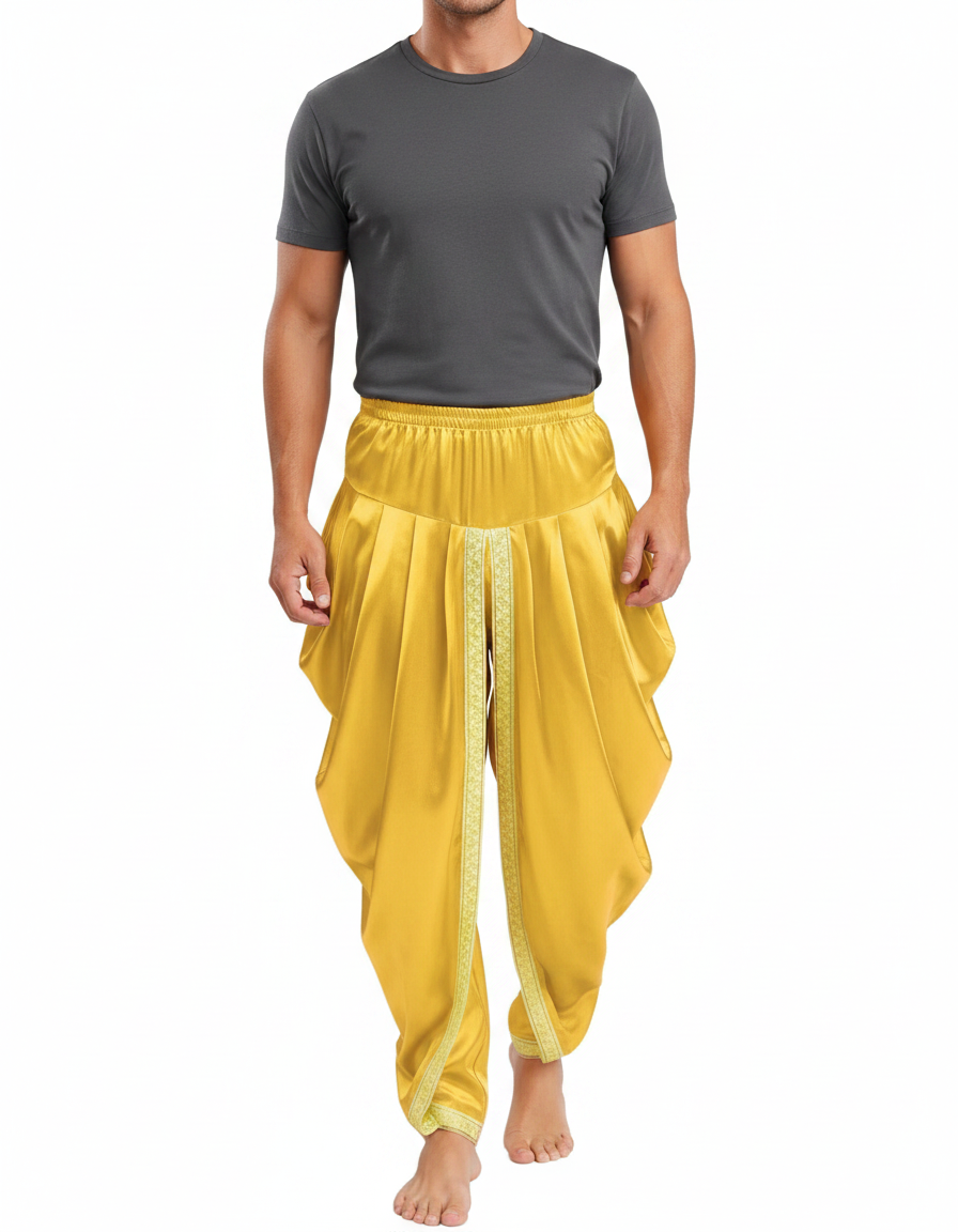 Pantalon Fluide Jaune Satin Ample Drapé Homme
