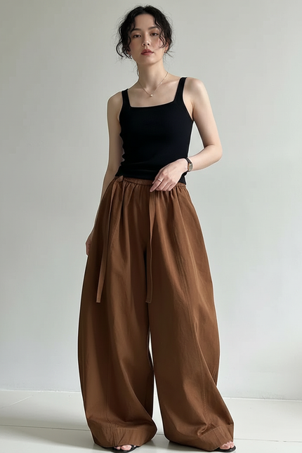 Pantalon Fluide Camel Ample Taille Haute Femme - Toile