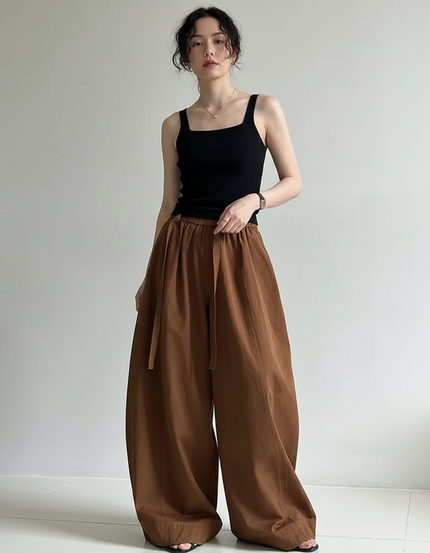 Pantalon Fluide Camel Ample Taille Haute Femme - Toile