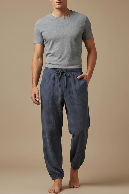 Pantalon Fluide Homme Gris Coton Texturé Décontracté - Bleu