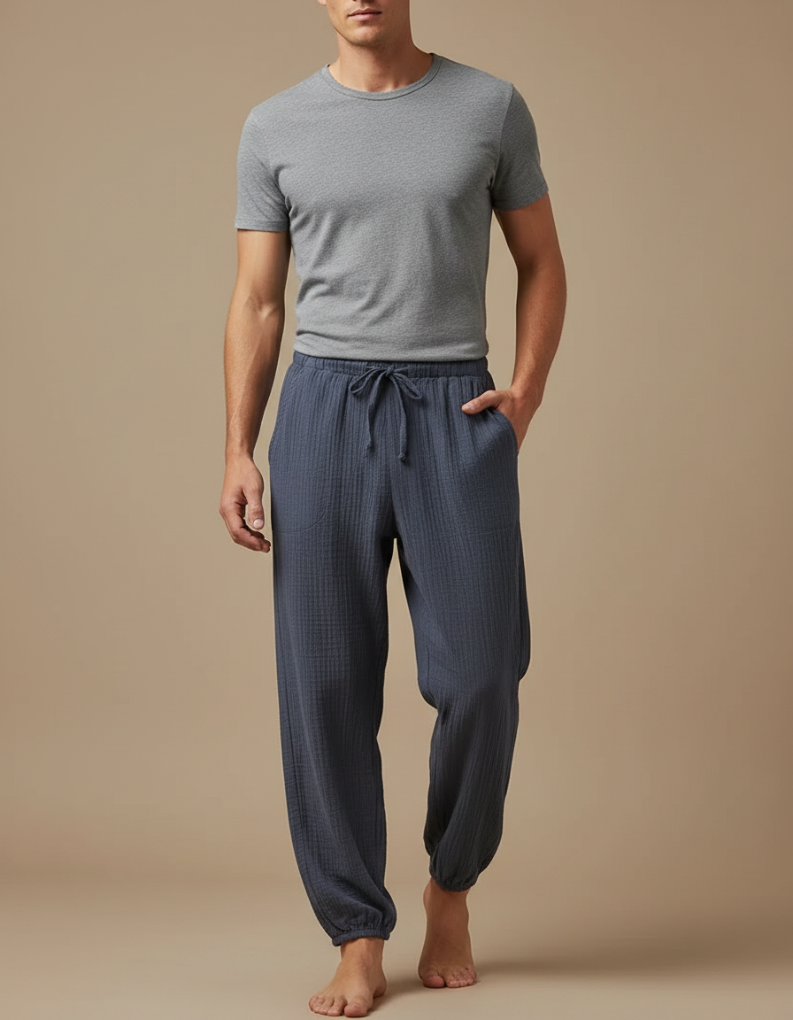 Pantalon Fluide Homme Gris Coton Texturé Décontracté - Bleu
