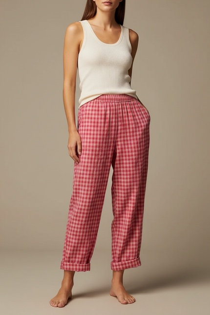Pantalon Fluide Carreaux Vichy Rose Ample Décontracté Coton