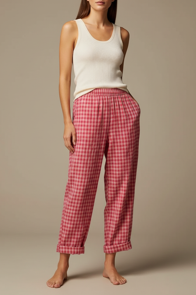 Pantalon Fluide Carreaux Vichy Rose Ample Décontracté Coton