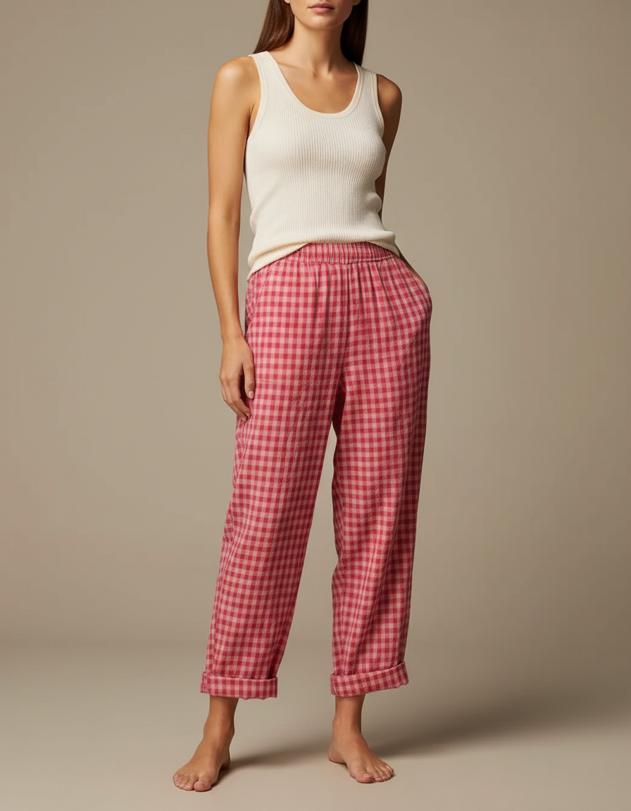 Pantalon Fluide Carreaux Vichy Rose Ample Décontracté Coton
