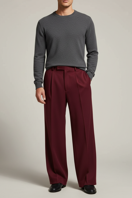 Pantalon Fluide Bordeaux Plissé Ample Élégant Homme - Polyester