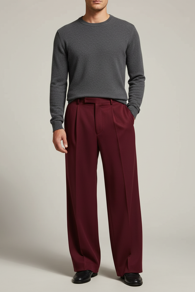 Pantalon Fluide Bordeaux Plissé Ample Élégant Homme - Polyester