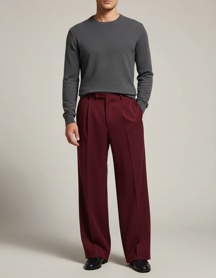 Pantalon Fluide Bordeaux Plissé Ample Élégant Homme - Polyester