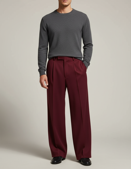 Pantalon Fluide Bordeaux Plissé Ample Élégant Homme - Polyester