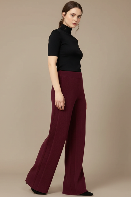 Pantalon Fluide Bordeaux Côtelé Ample Élégant Femme - Cordé