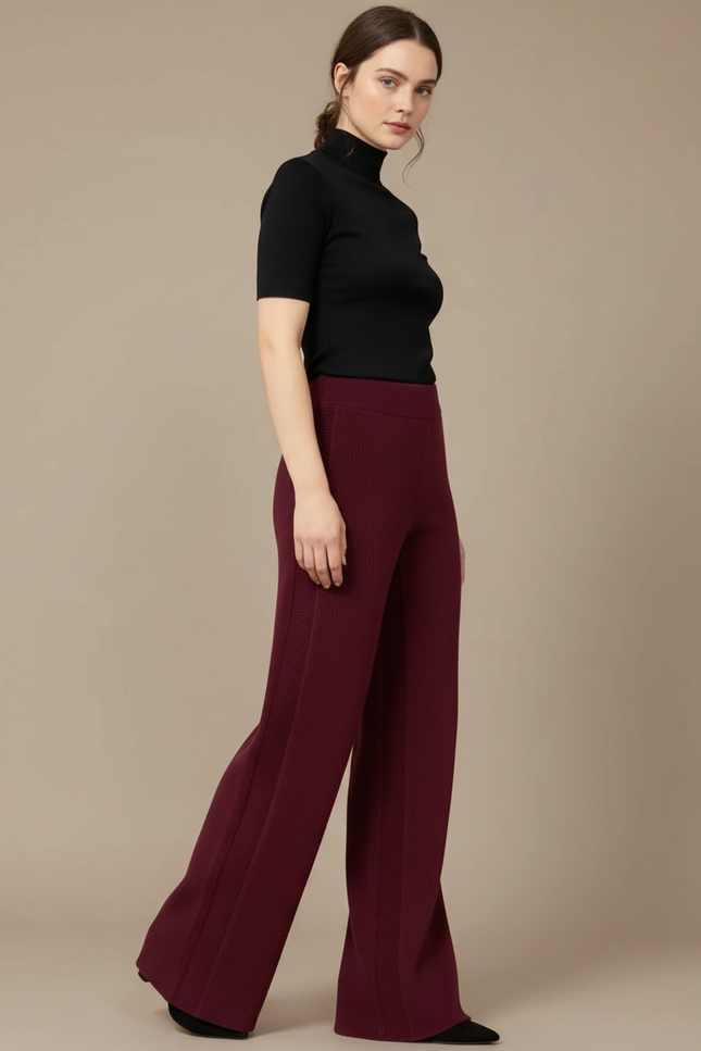 Pantalon Fluide Bordeaux Côtelé Ample Élégant Femme - Cordé