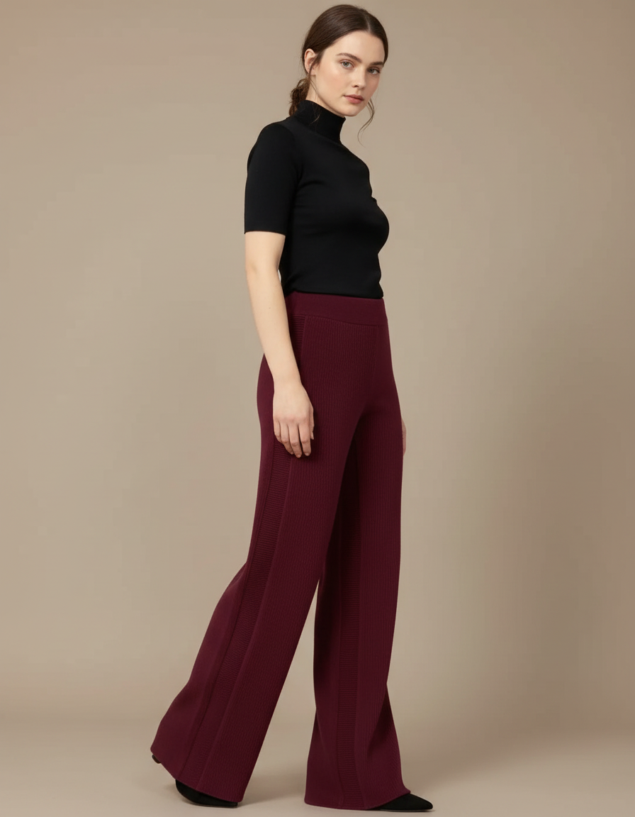 Pantalon Fluide Bordeaux Côtelé Ample Élégant Femme - Cordé