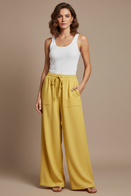Pantalon Fluide Moutarde Femme - Jaune Lin