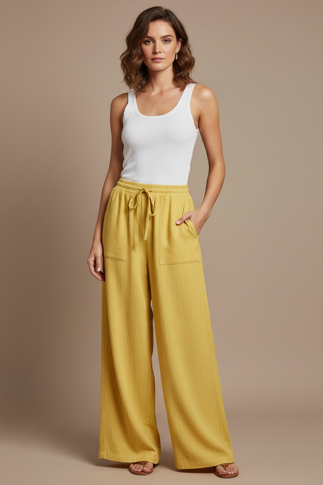 Pantalon Fluide Moutarde Femme - Jaune Lin