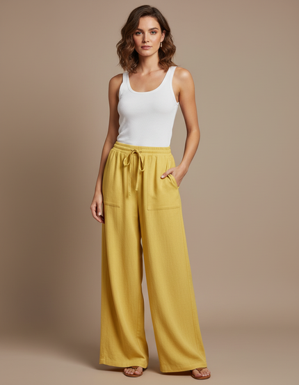 Pantalon Fluide Moutarde Femme - Jaune Lin
